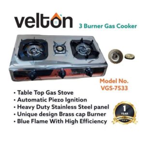 VELTON 3 Burner Heavy Duty Stainless Steel Gas Stove/cooker VGS-7533