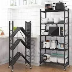 4 tier Foldable Kitchen Metallic Storage Rack With WheelsPre-assembled Wire ShelvesStable Storage ShelvesFoldable Metal ShelfMulti-usage Heavy Duty