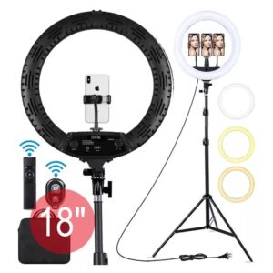 Universal 18 Inch Ring Light + 3 Phone Holders + 2.1m Tripod Black