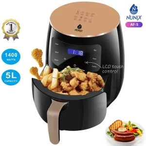 Nunix Airfryer Healthier Oil Free Fryer And Fries Maker It has a Large Capacity of 5L. This Air Dryer is a Nonstick Pan For Frying, Deep Fry, Roast, Grill and Cook as well.