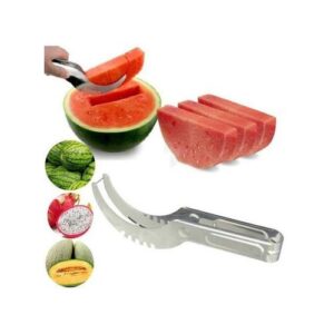 This two-in-one utensil combines the functionality of a knife with the handiness of tongs to easily serve slices of watermelon. A terrific brand-new tool makes serving watermelon neater and quicker than ever before. Its rounded edges with rubber grip that make the slicer a safe tool and it will not slip from your hand. Once you are in the right angle you'll get the hang of it. Just cut the watermelon in half and start scooping out slices, leaving the rind behind. All metal parts are 100% stainless steel.