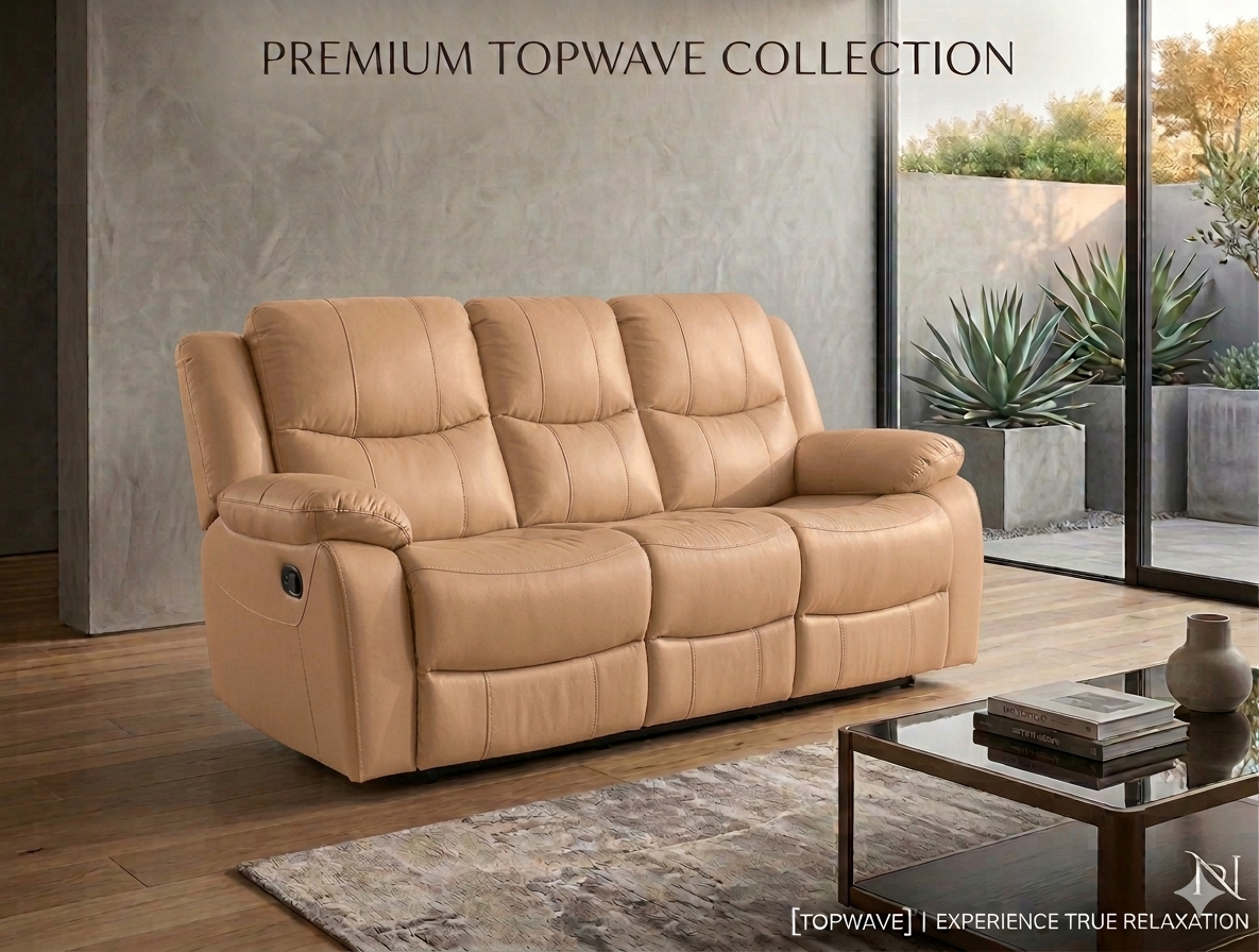 Large 3-seater soft leather recliner sofa with a promotional coffee table offer.
