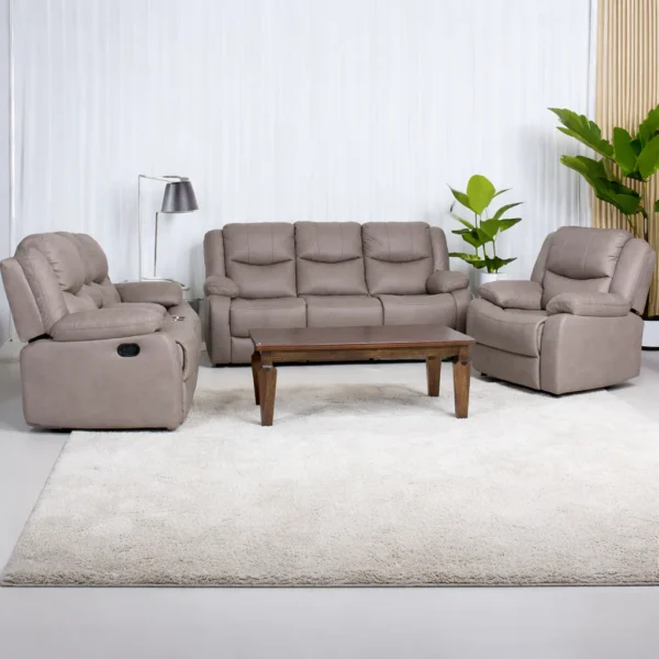 Modern faux leather recliner sofa set in a living room setting, featuring independent reclining seats, integrated USB charging ports, and padded armrests. Available in 1-seater, 2-seater, 3-seater, and 6-seater configurations.